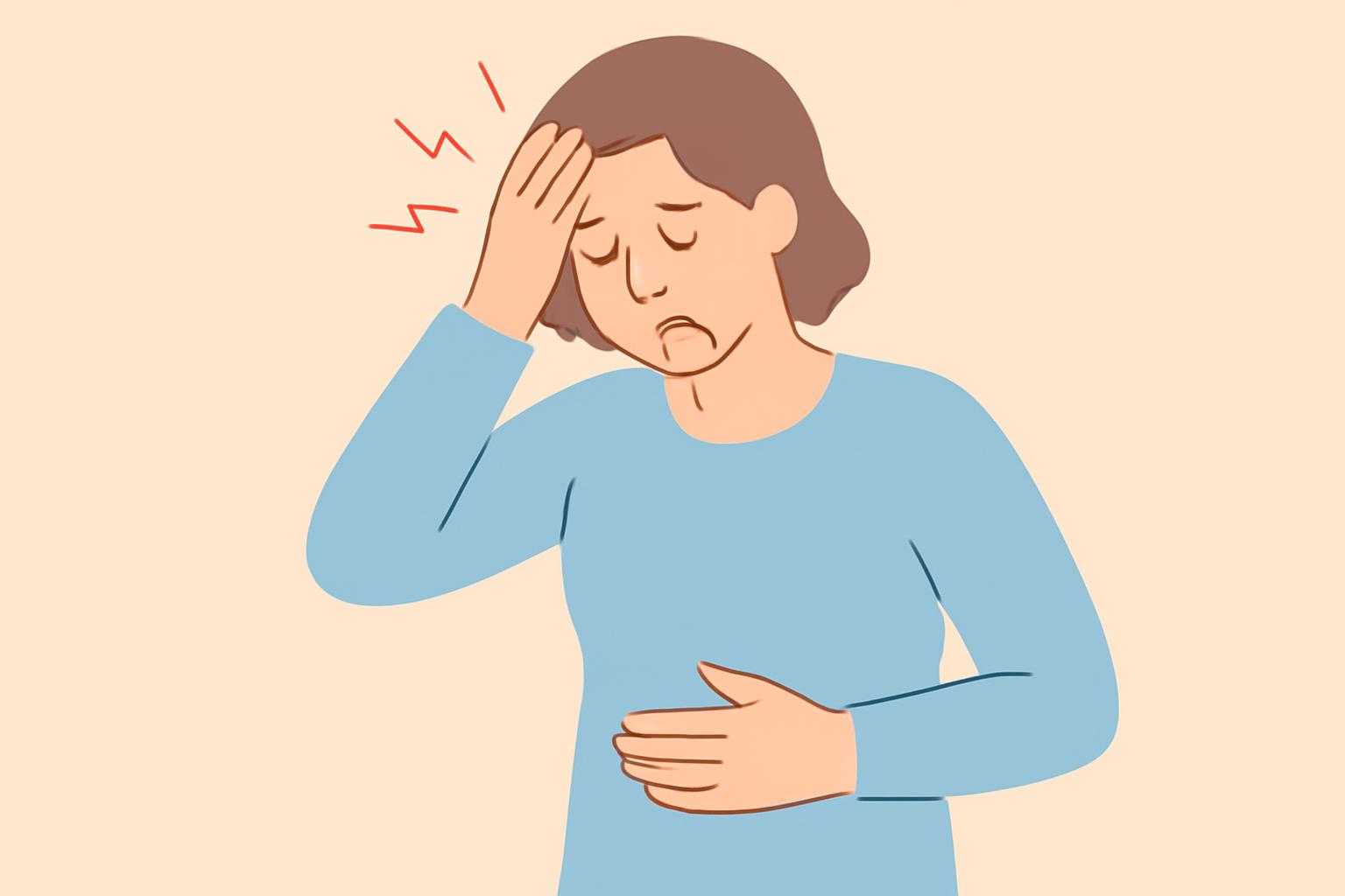 頭痛と吐き気で辛そうな人の様子を示すイラスト