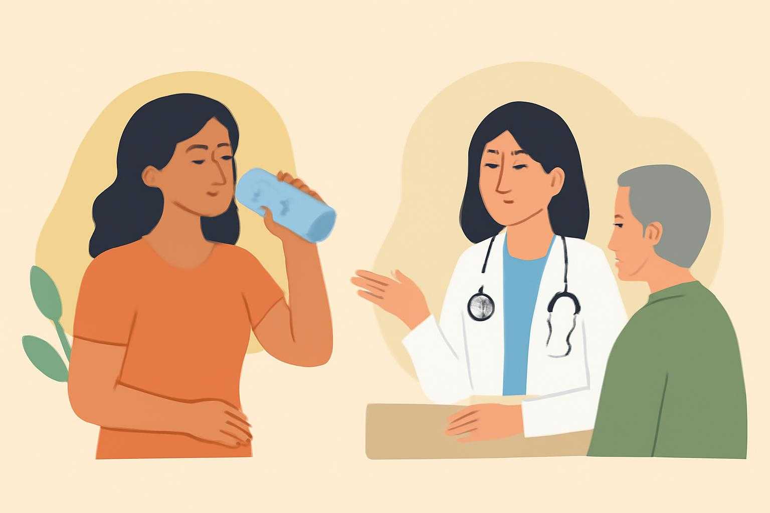 水を飲む女性と医療相談を受ける人の対処法を示すイラスト