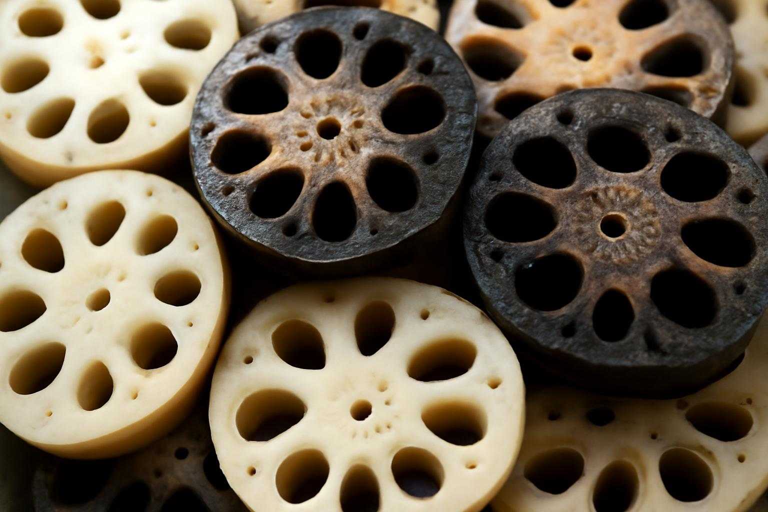 カットされたれんこんの断面で、白い部分と黒ずんだ部分が混在している様子