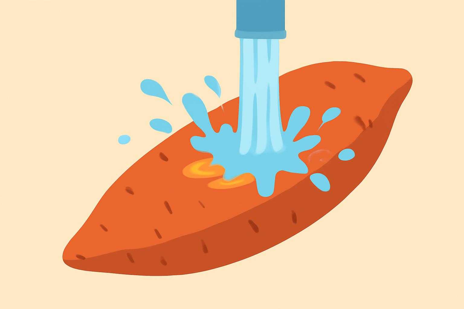 さつまいもを水で洗っている様子を示すシンプルなイラスト