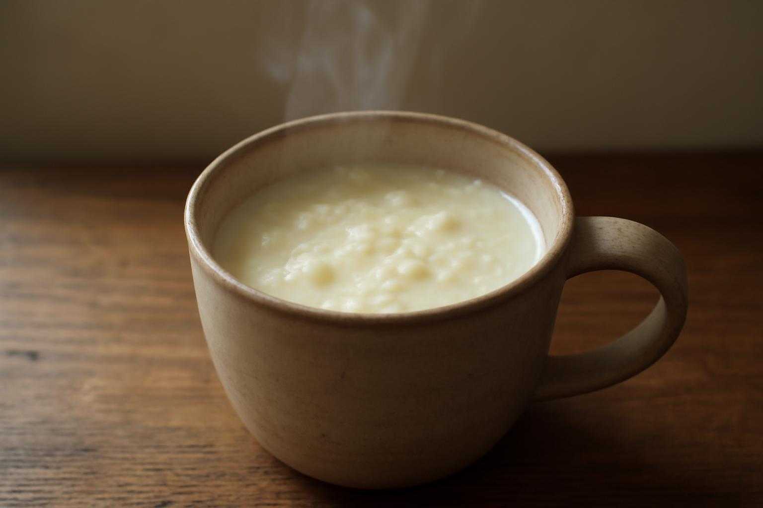 温かい牛乳が入ったマグカップから湯気が立ち上っており、中身が凝固している状態