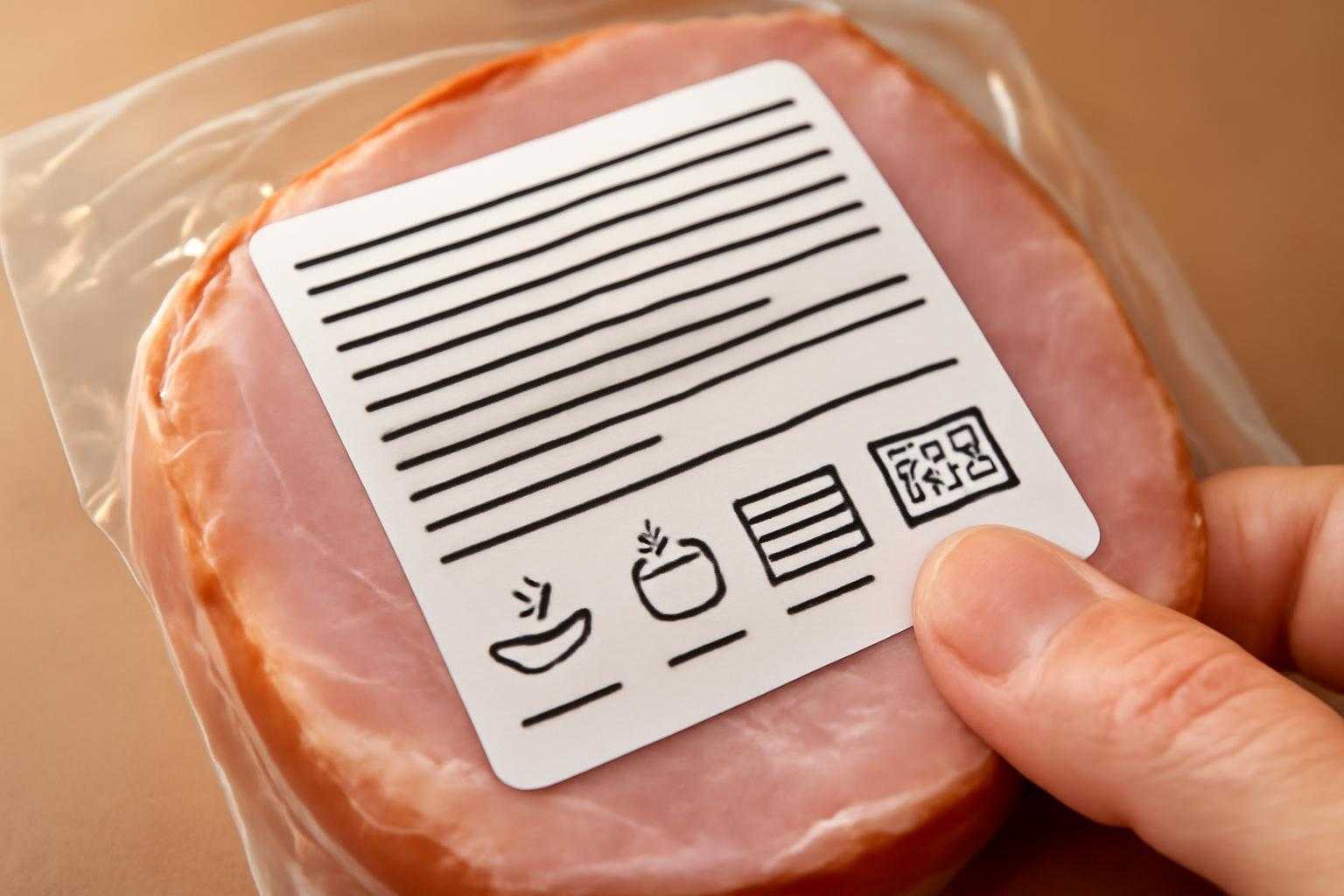 ハムのパッケージの表示をチェックしている様子を示す画像