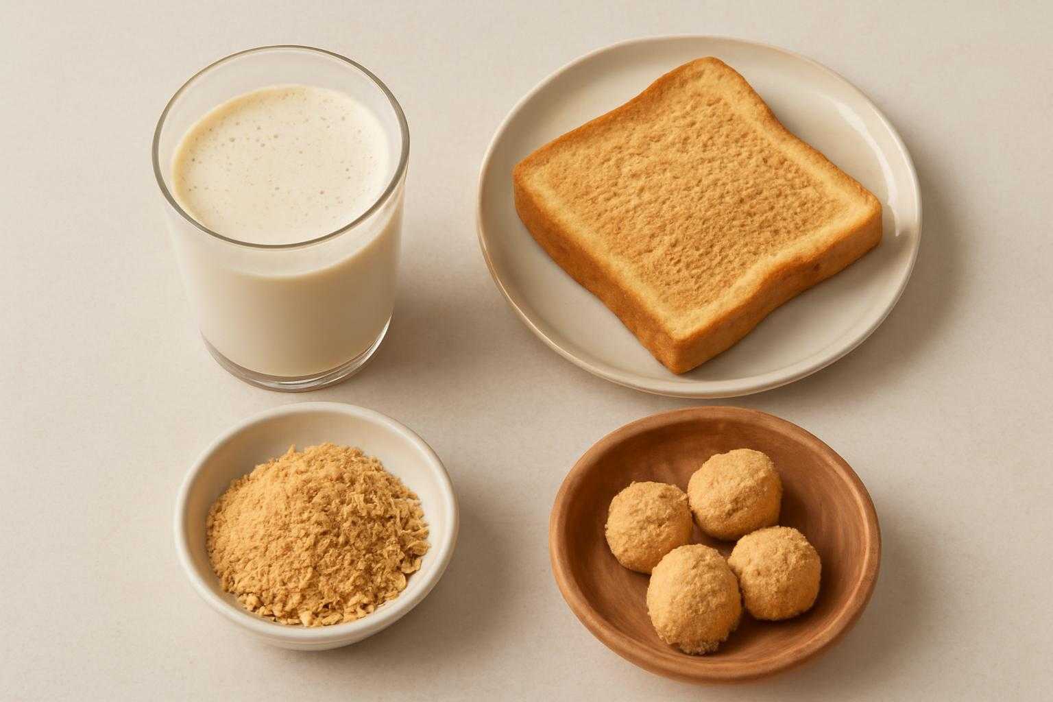 きなこ牛乳やきなこトーストなど、きなこを使ったアレンジ料理の並べ方