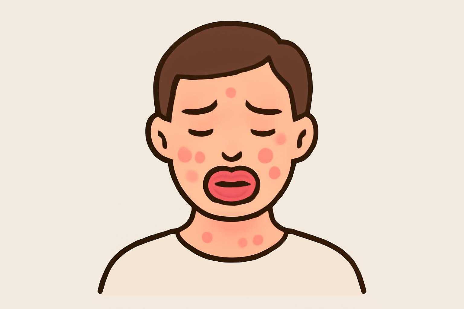アレルギー反応を示す、腫れた唇と赤い肌の症状イラスト
