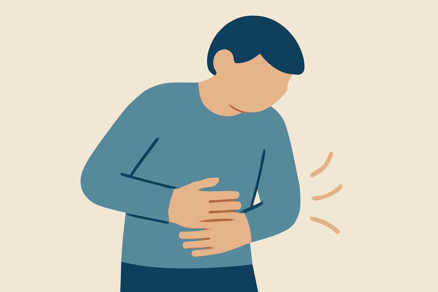 お腹の調子が悪い様子を表現した、腹部を抱える人物のシルエットイラスト