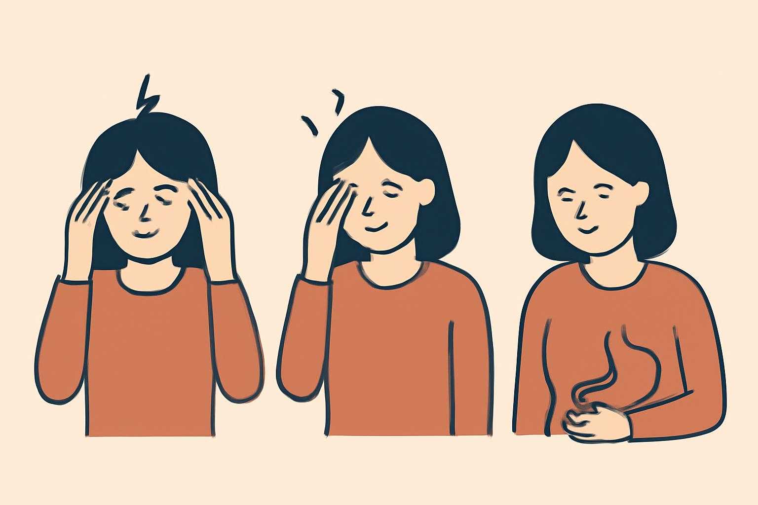 頭痛や疲労など甘酒の過剰摂取による体の不調を示すイラスト