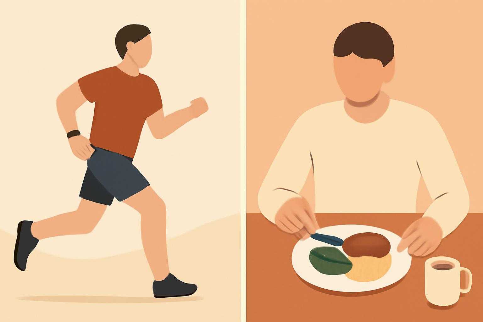 運動中の人物と日常生活での食事風景の対比