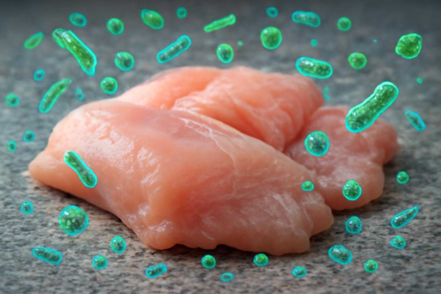 常温に放置された鶏肉の上に細菌が増殖している様子を表現した画像