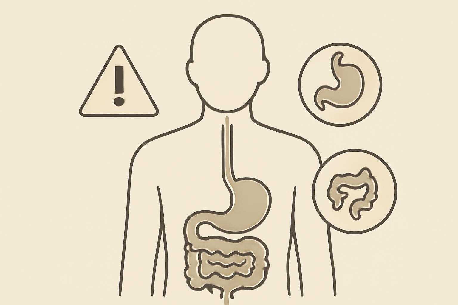食べ過ぎによる体の不調を表現した、腹部と注意マークのシンプルなイラスト
