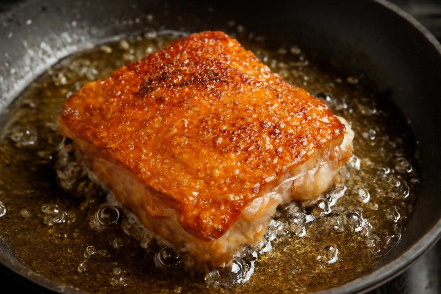 フライパンで鶏皮を焼いている調理風景
