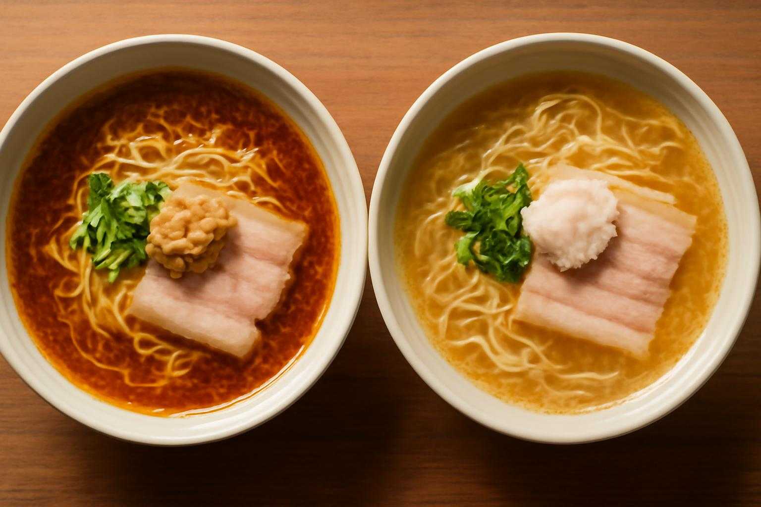 ラーメン丼に背脂とラードをそれぞれ使用した2つのラーメンの対比画像