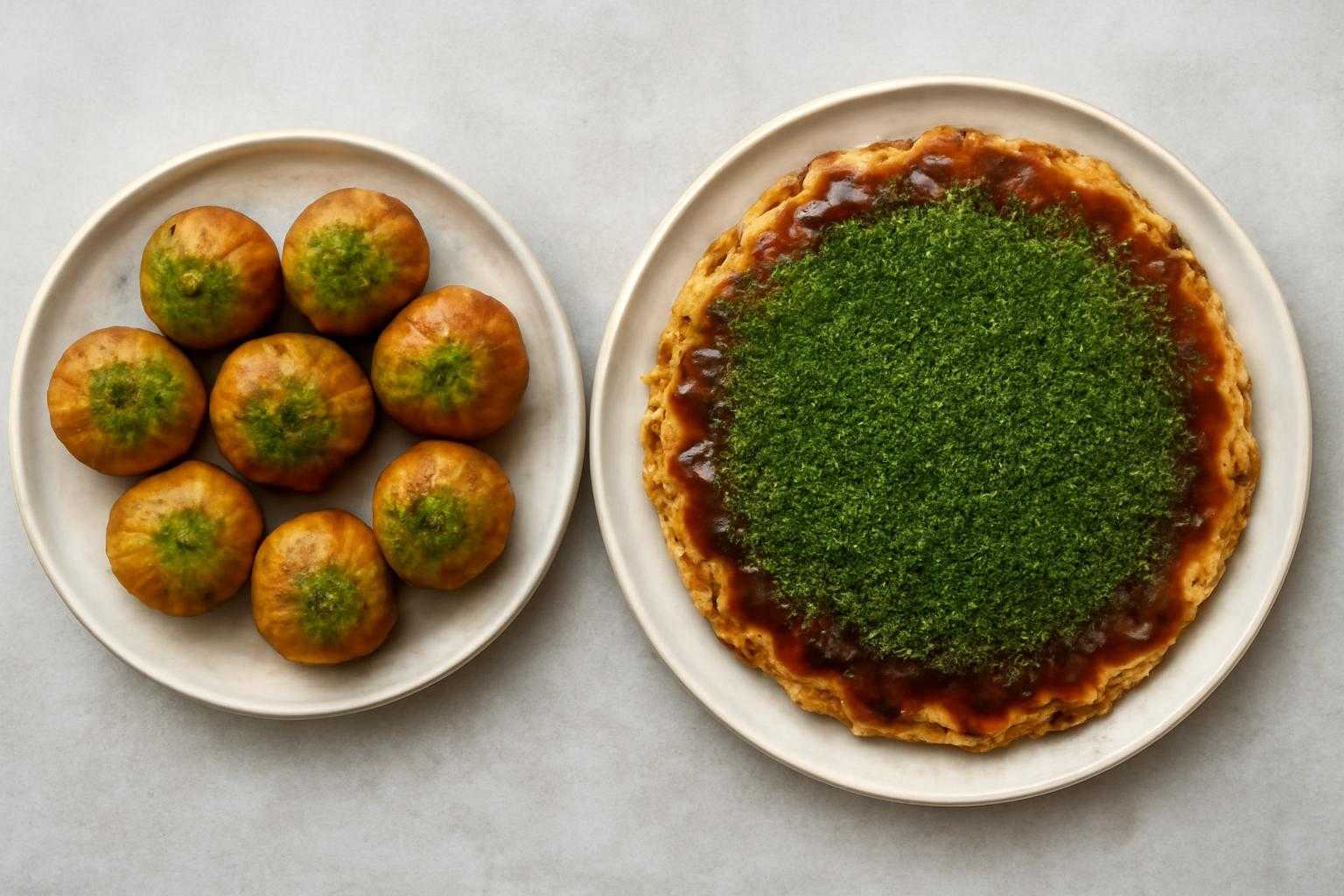 青のりの粉がふりかけられたお好み焼きとたこ焼きの俯瞰図