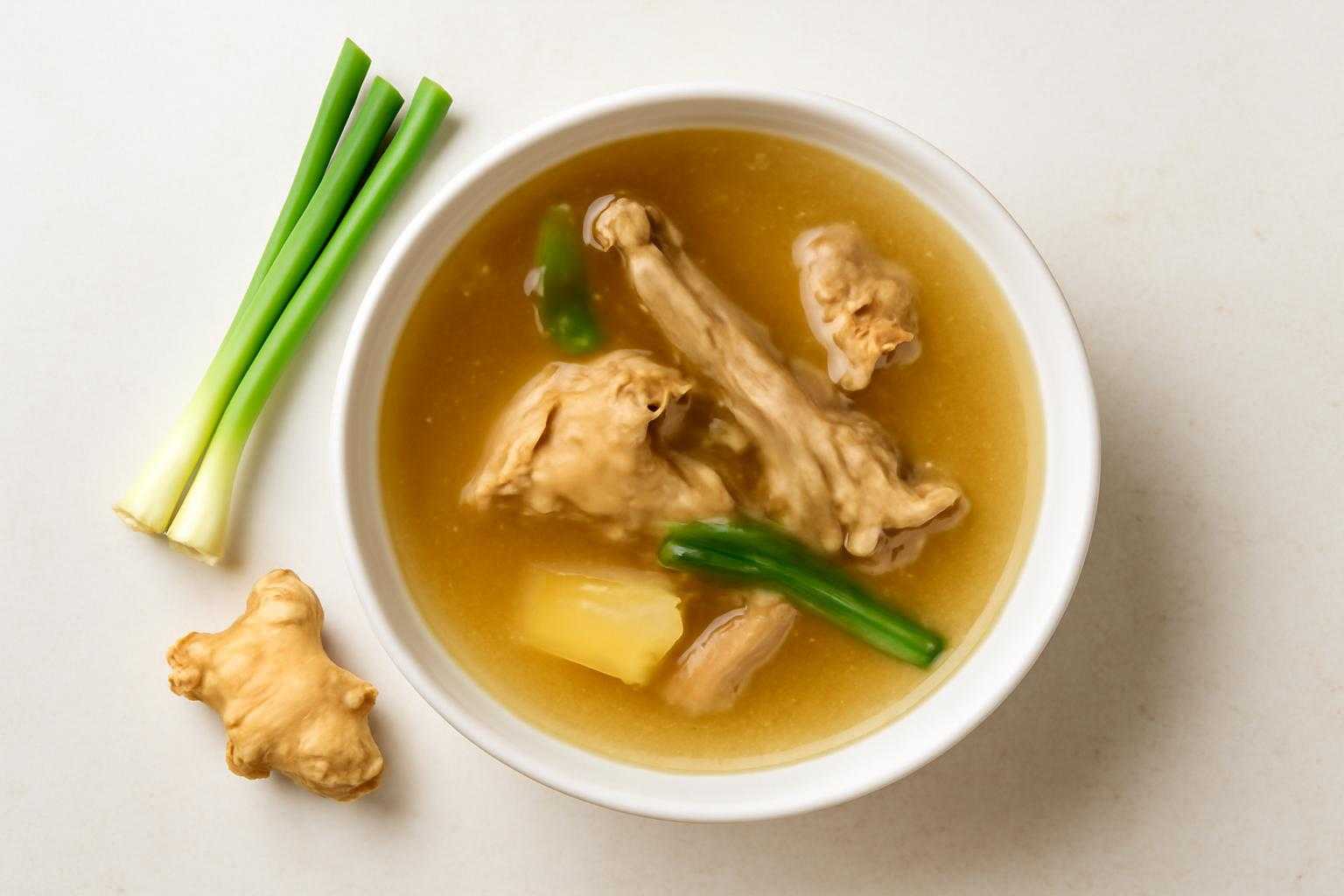 鶏ガラと野菜が入った透明なスープが器に盛られている様子