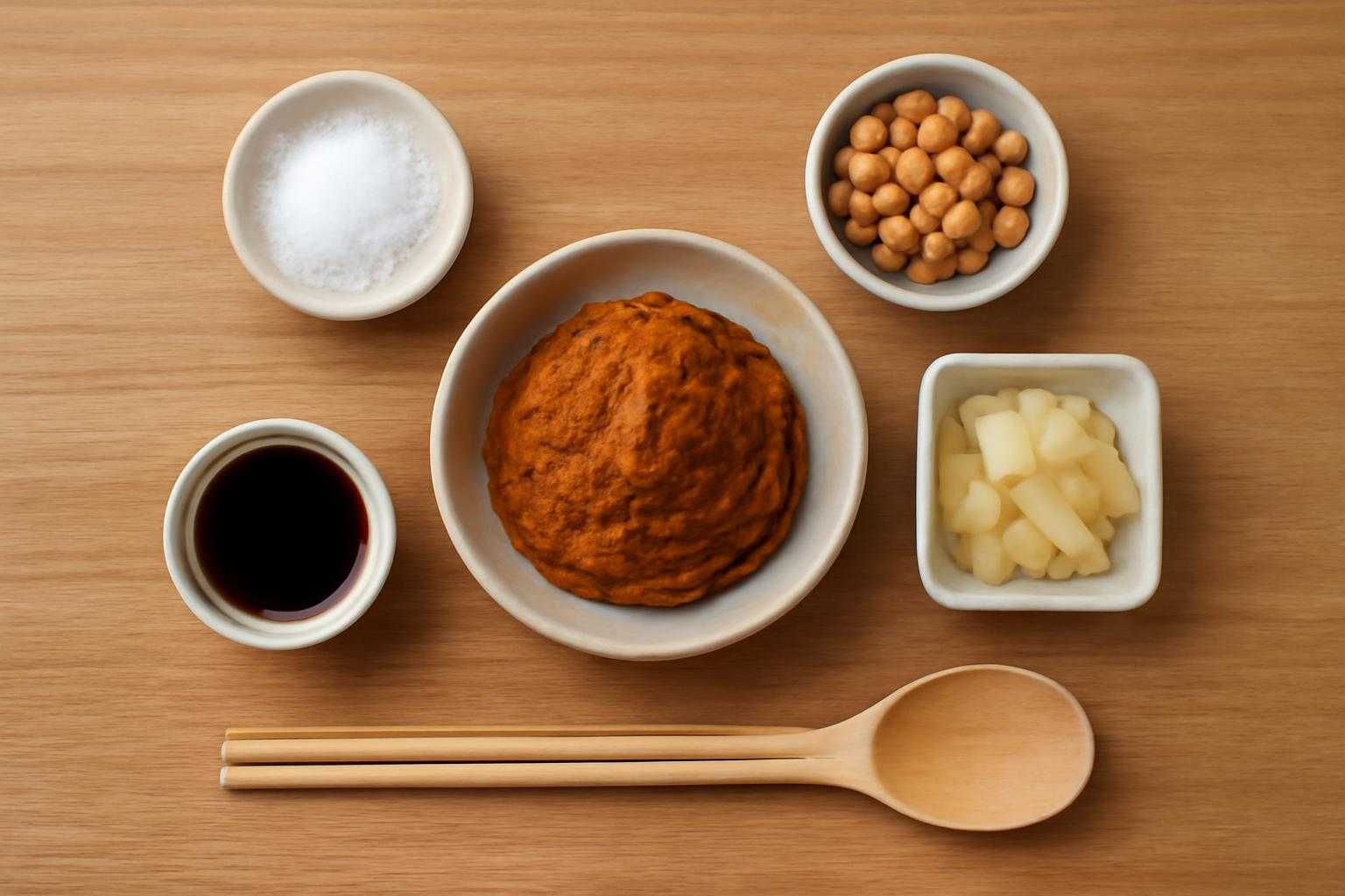 味噌、塩辛い調味料、発酵食品などが並んでいる静物写真