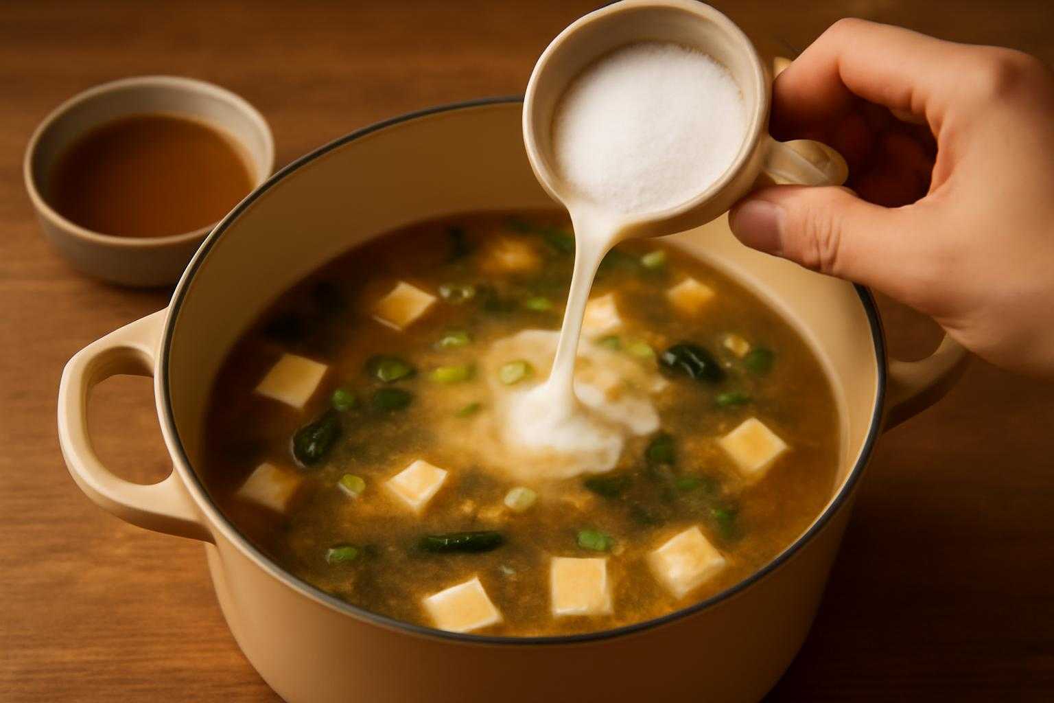 味噌汁の鍋に牛乳や砂糖などの調整材料が加わる調理風景