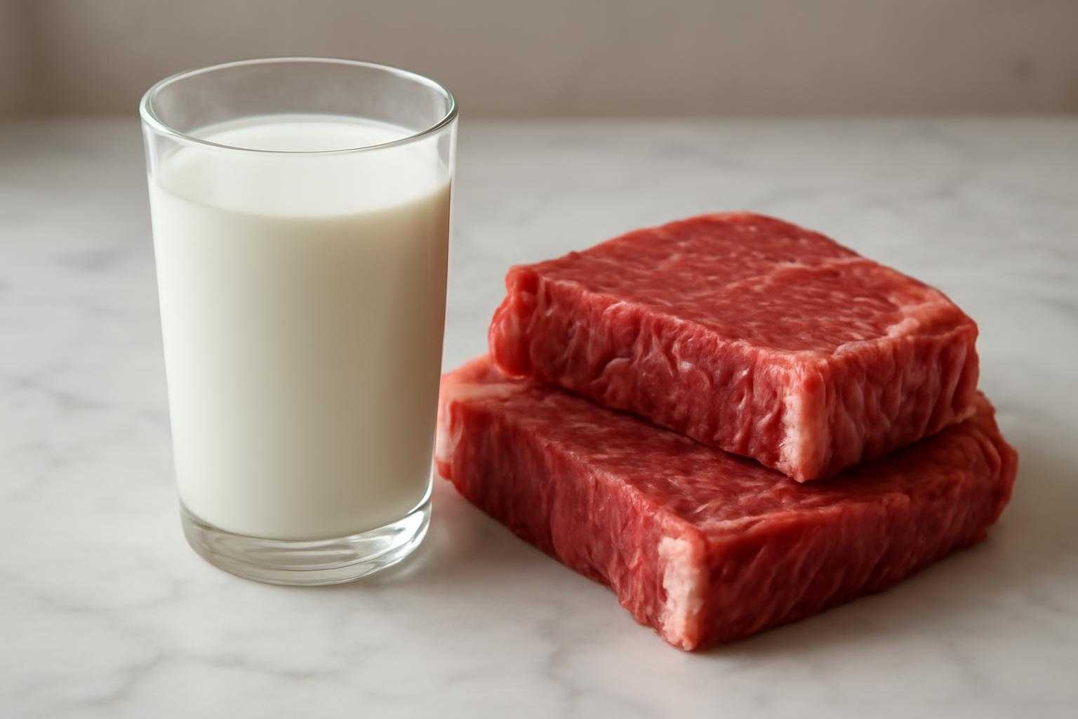 牛乳と牛肉が並んでいる食材イメージ