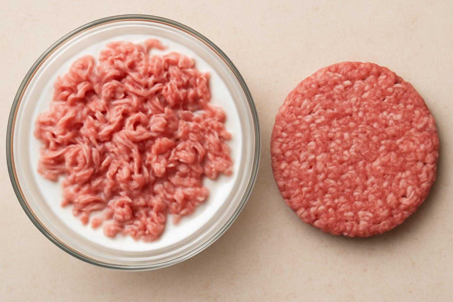 牛乳に浸したひき肉と調理中のハンバーグ
