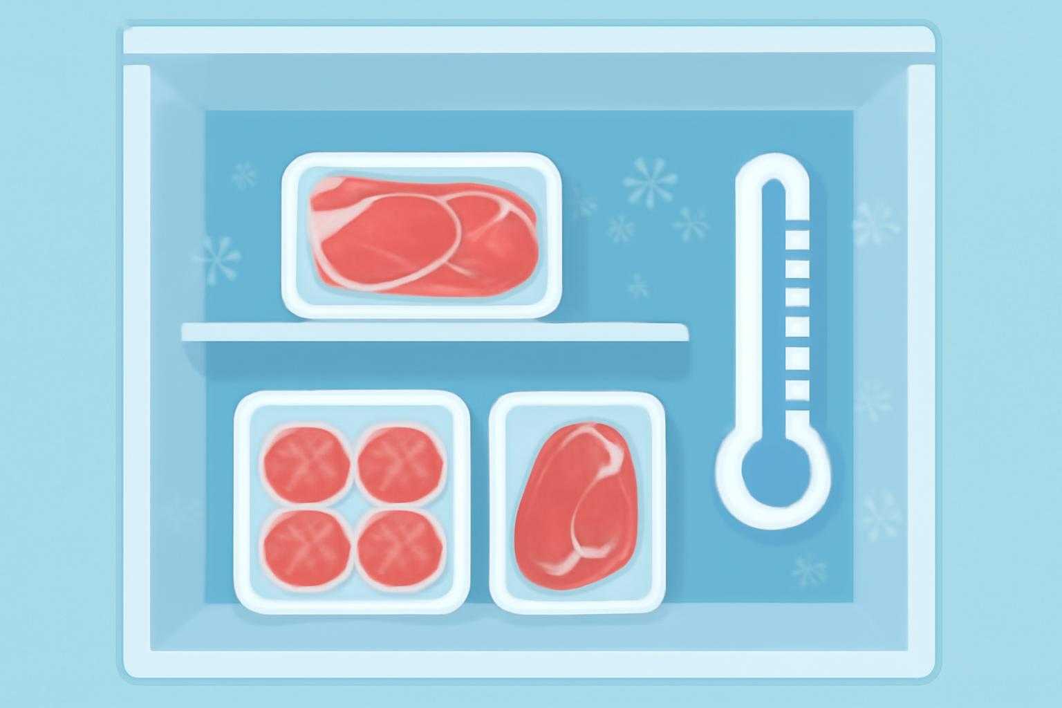 冷凍庫に保存された様々な肉製品と温度計が並んでいる様子