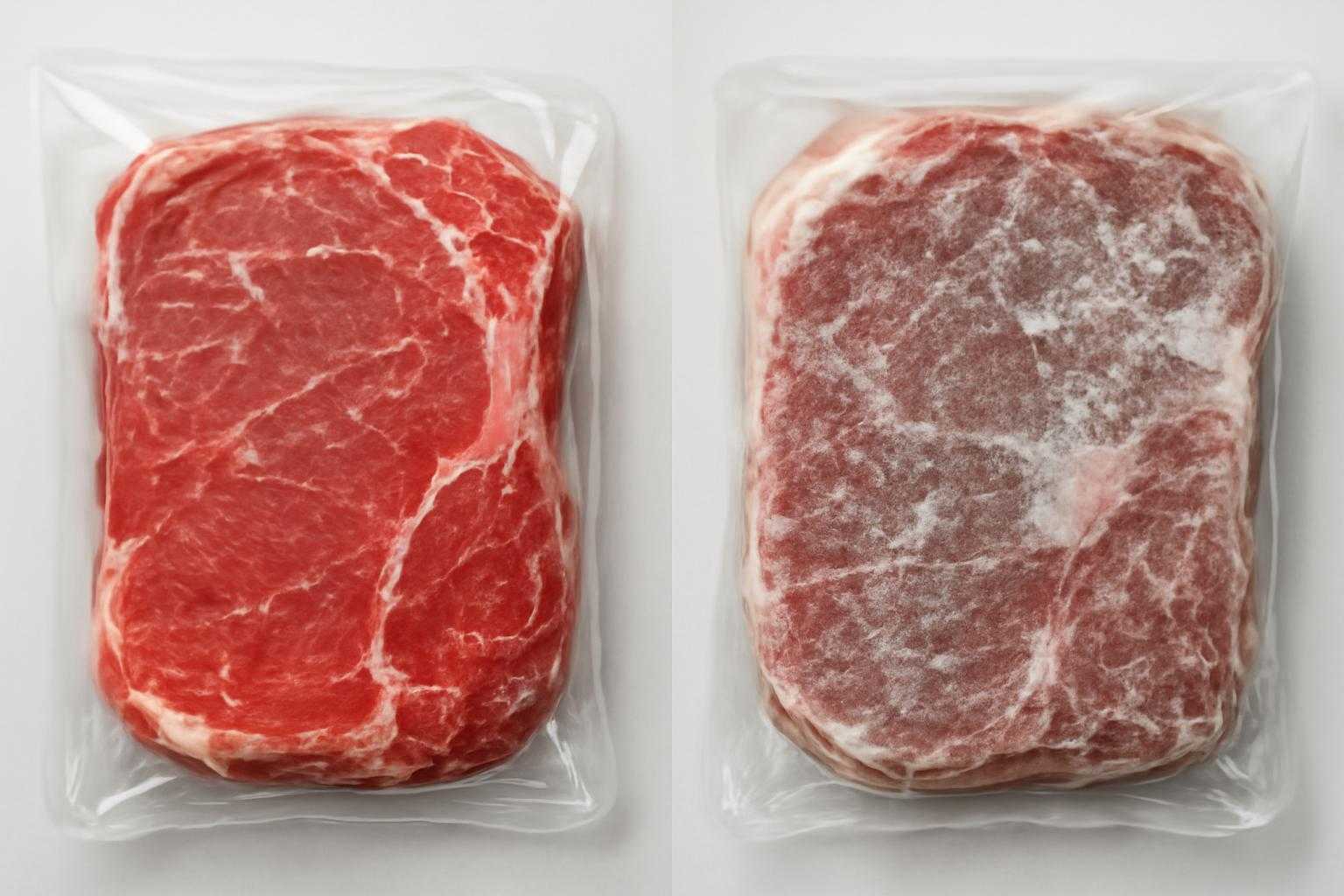 新鮮な冷凍肉と劣化した冷凍肉の状態を比較する表現