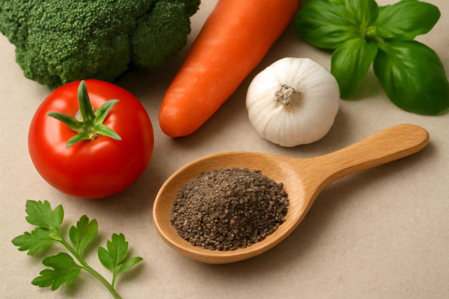 スプーンに乗った適量の黒胡椒と、バランスの取れた食事を表現した画像
