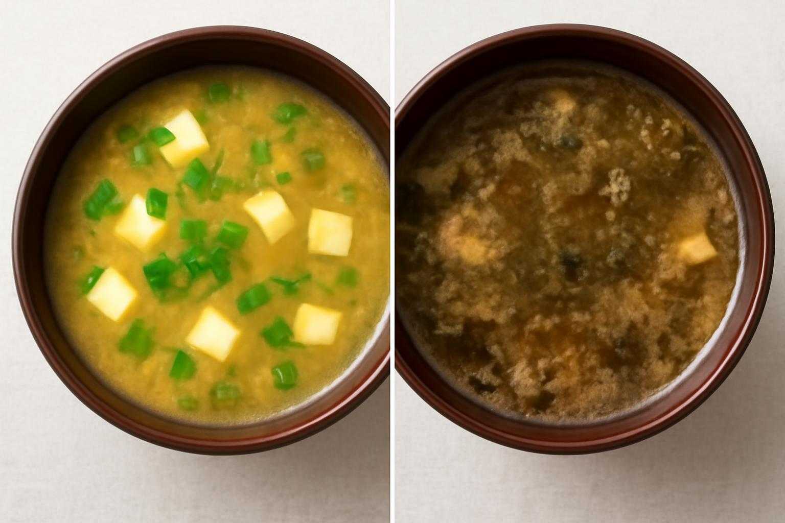 変色した味噌汁と新鮮な味噌汁を比較する画像