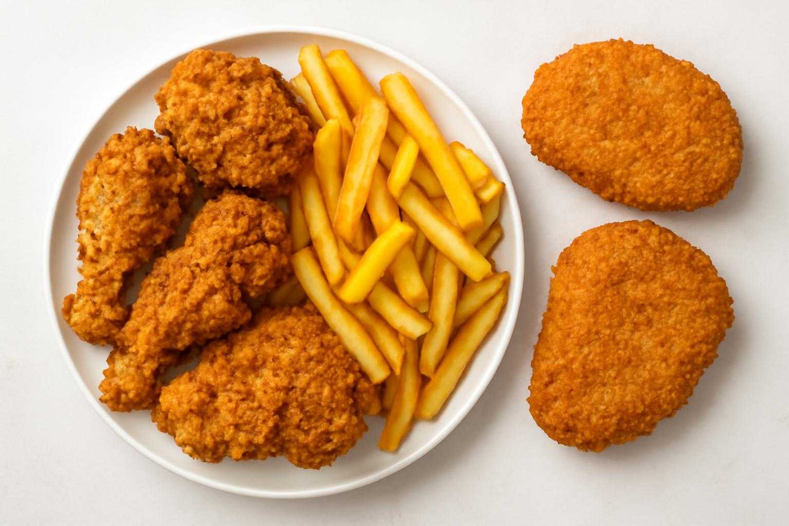 揚げたてのからあげやフライドポテトなど、様々な揚げ物がテーブルの上に並んでいる