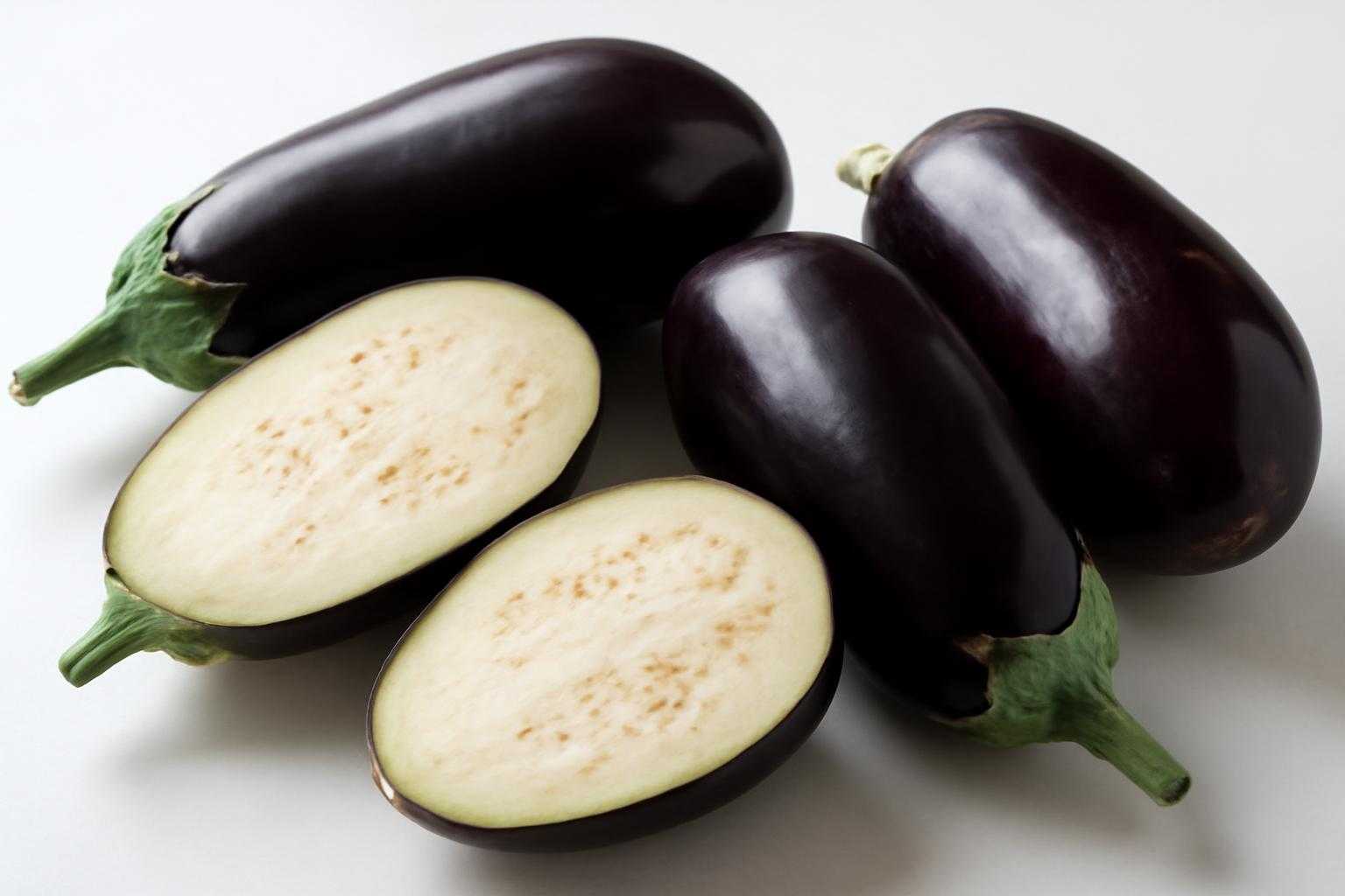 新鮮ななすと、その断面を示す食べ物の静物写真