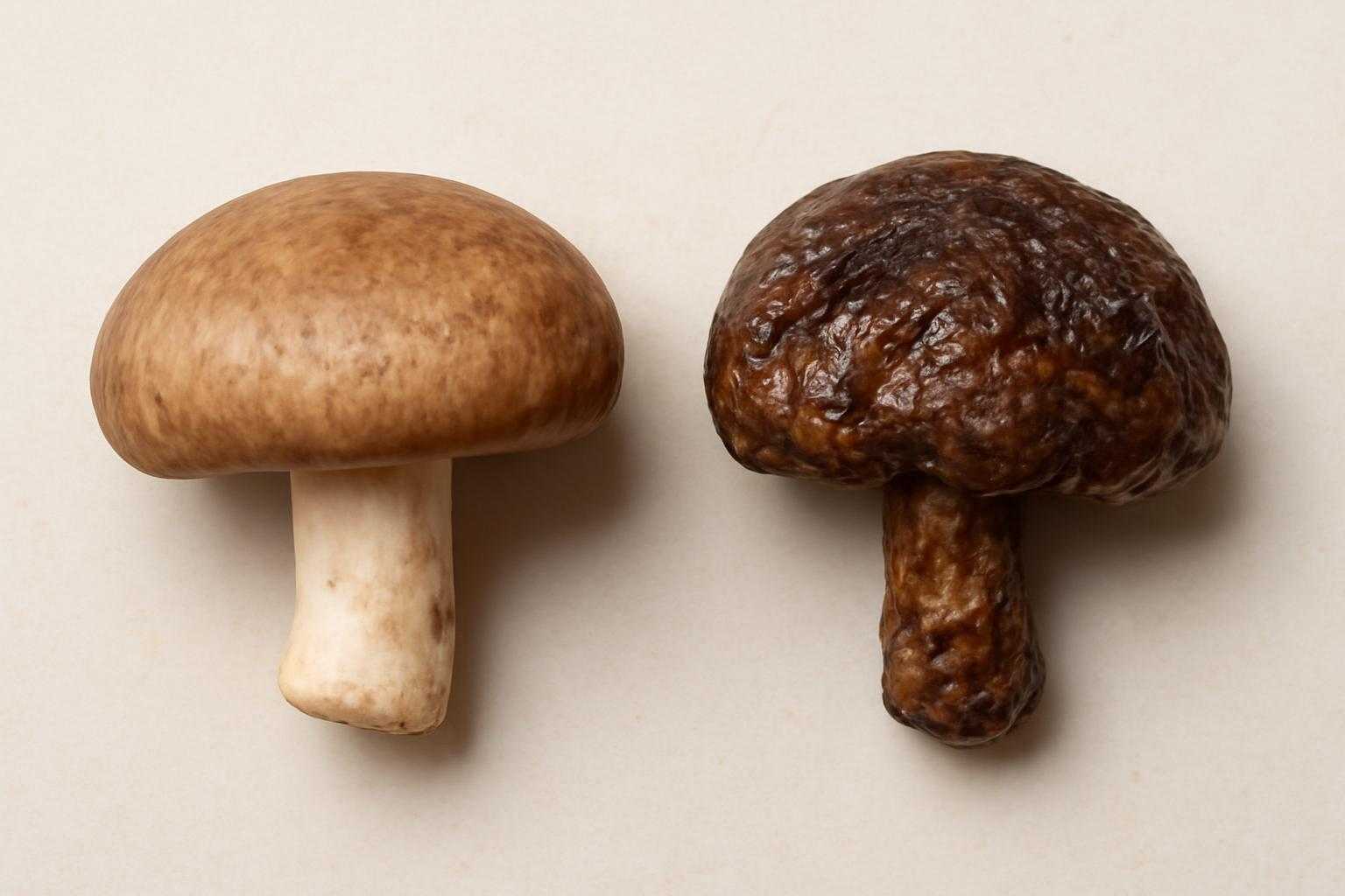 新鮮なしいたけと傷んだしいたけを並べた比較画像