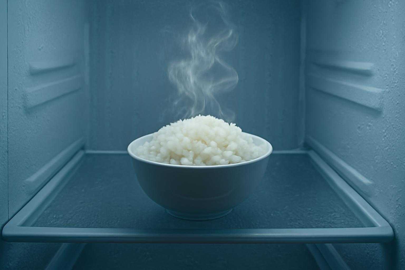 温かい湯気が立つご飯が冷蔵庫の中で結露している様子