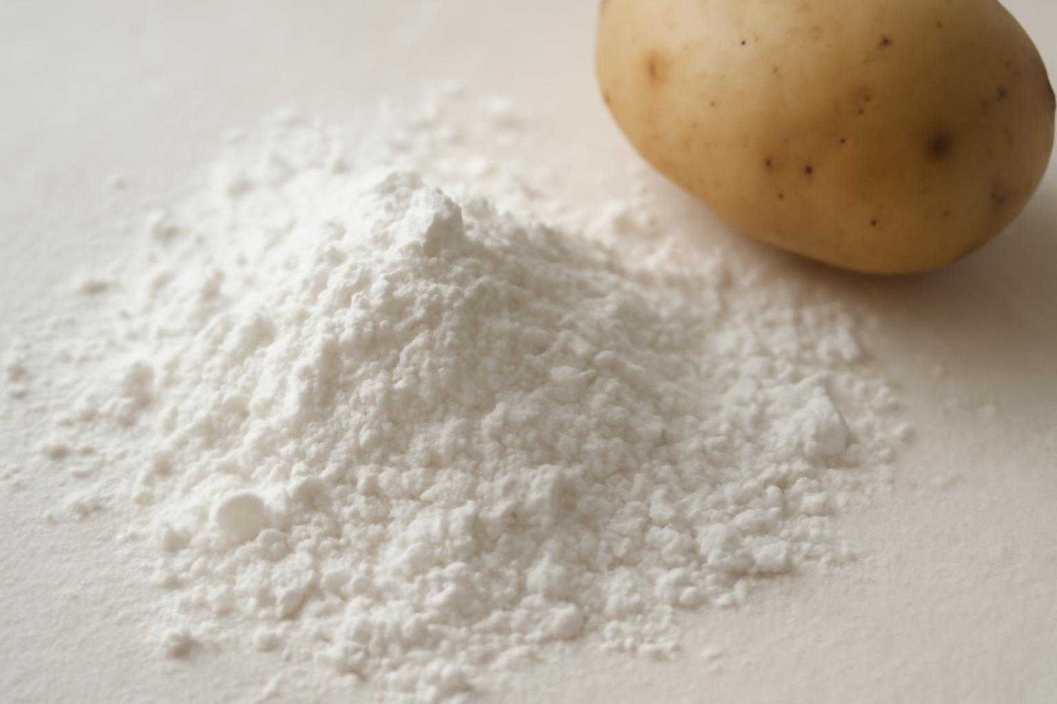 片栗粉の粉状の質感と原材料のジャガイモを表現した画像