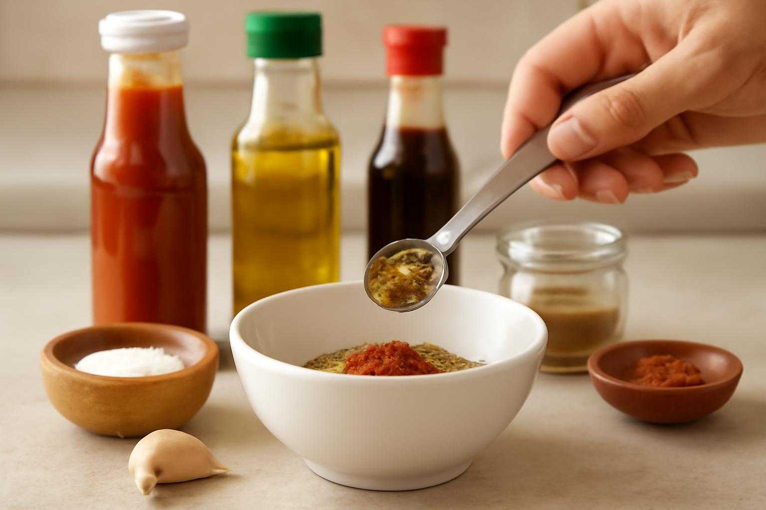 調味料を計量スプーンで量りながら調理する手元