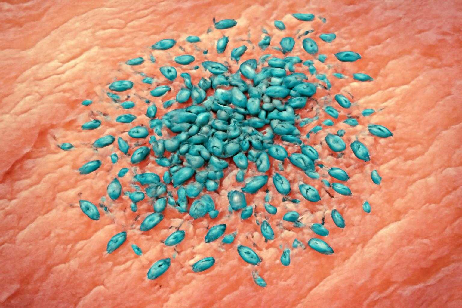 顕微鏡で見た鶏肉の表面に増殖する細菌のイメージ