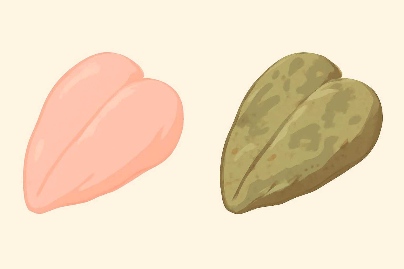 変色した鶏肉と新鮮な鶏肉を並べた比較画像