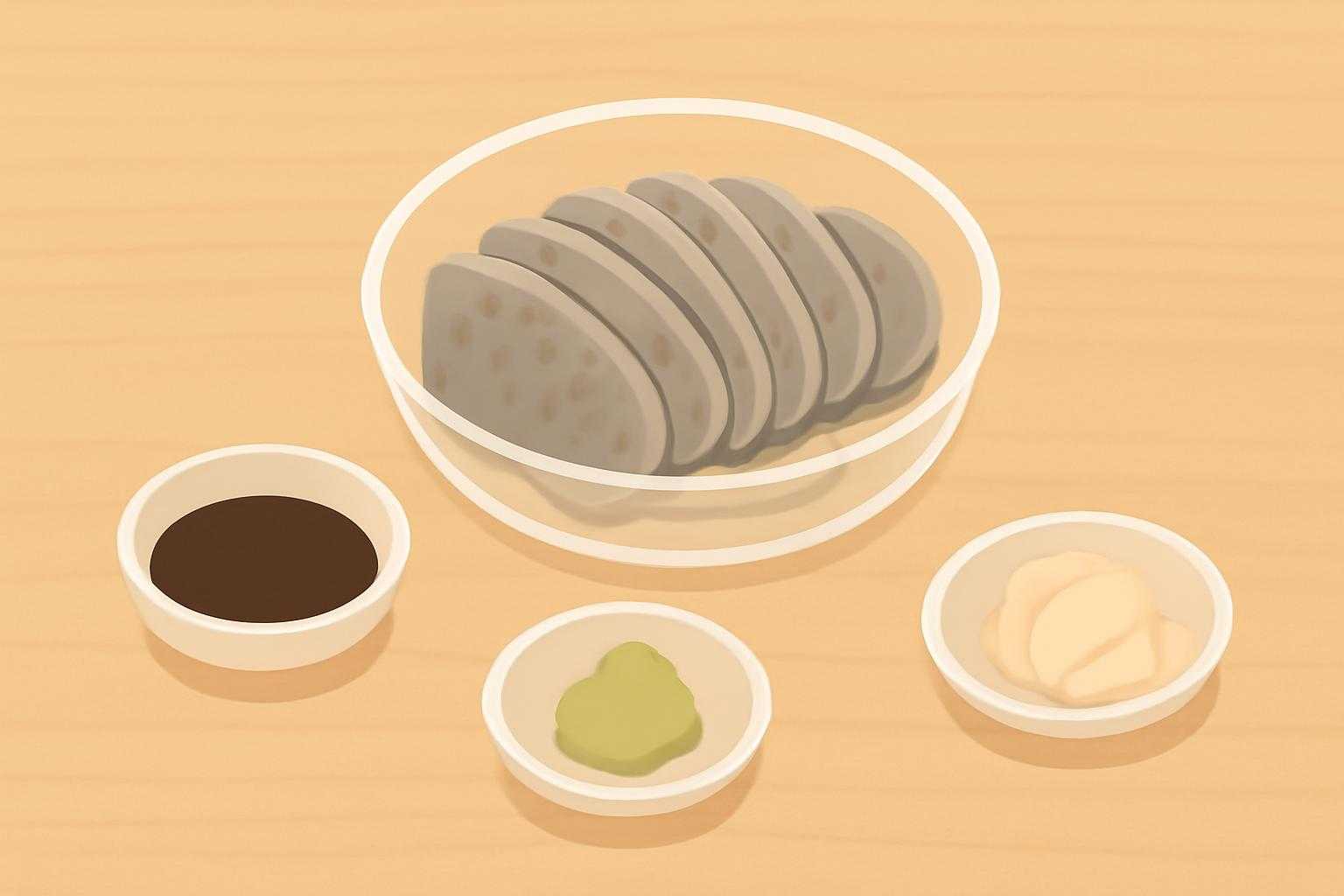 透明な器に盛られた刺身こんにゃくと、醤油やわさびなどの薬味がセットされた状態