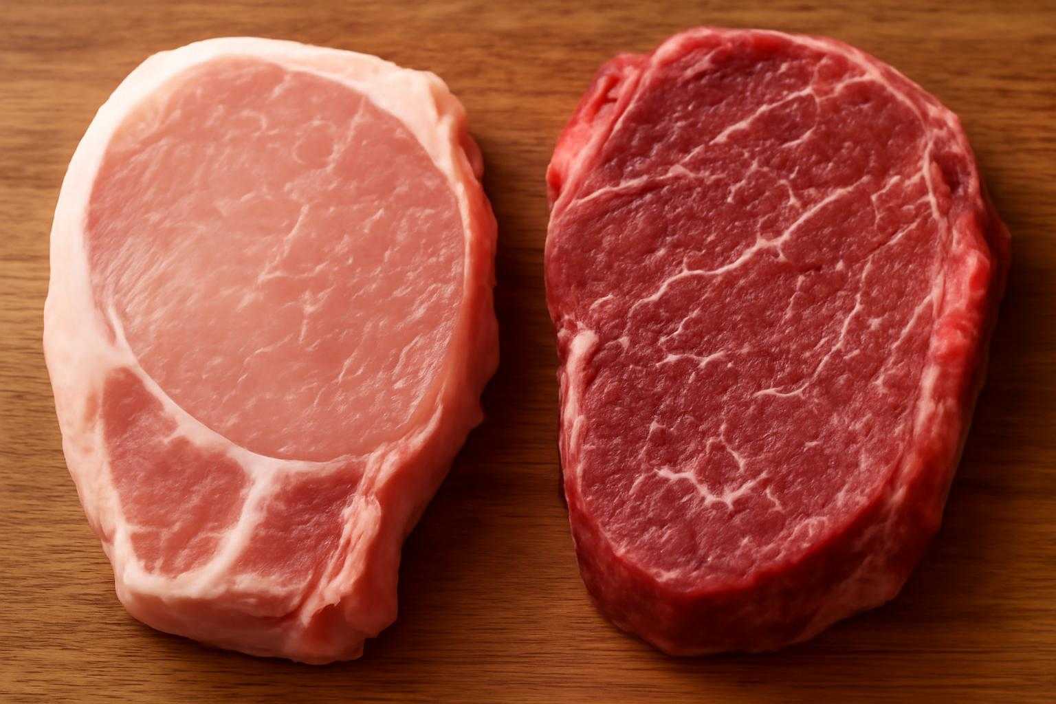 豚肉と牛肉を並べて、それぞれの色や質感の違いを比較した食材写真