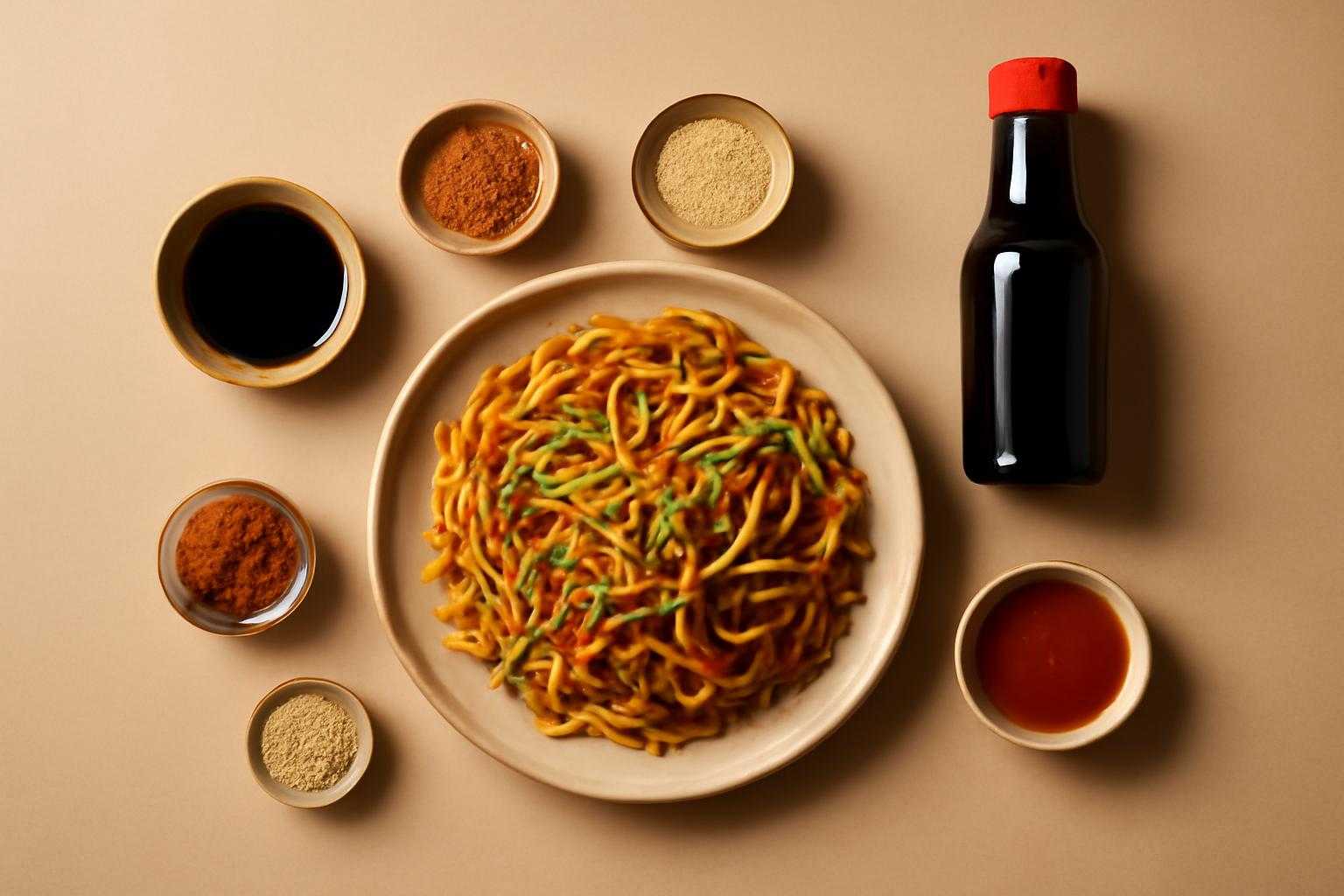 焼きそば麺に様々な調味料やスパイスが配置された、隠し味の種類を視覚的に表現した構成