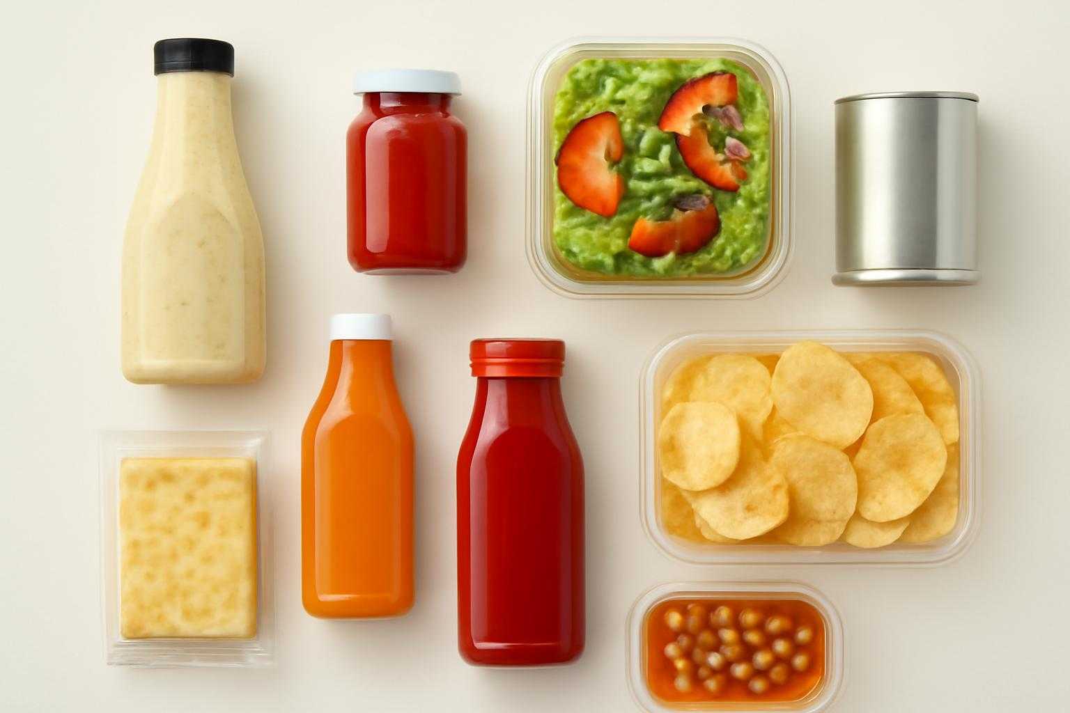 キサンタンガムが含まれるドレッシング、ソース、加工食品の並べ方