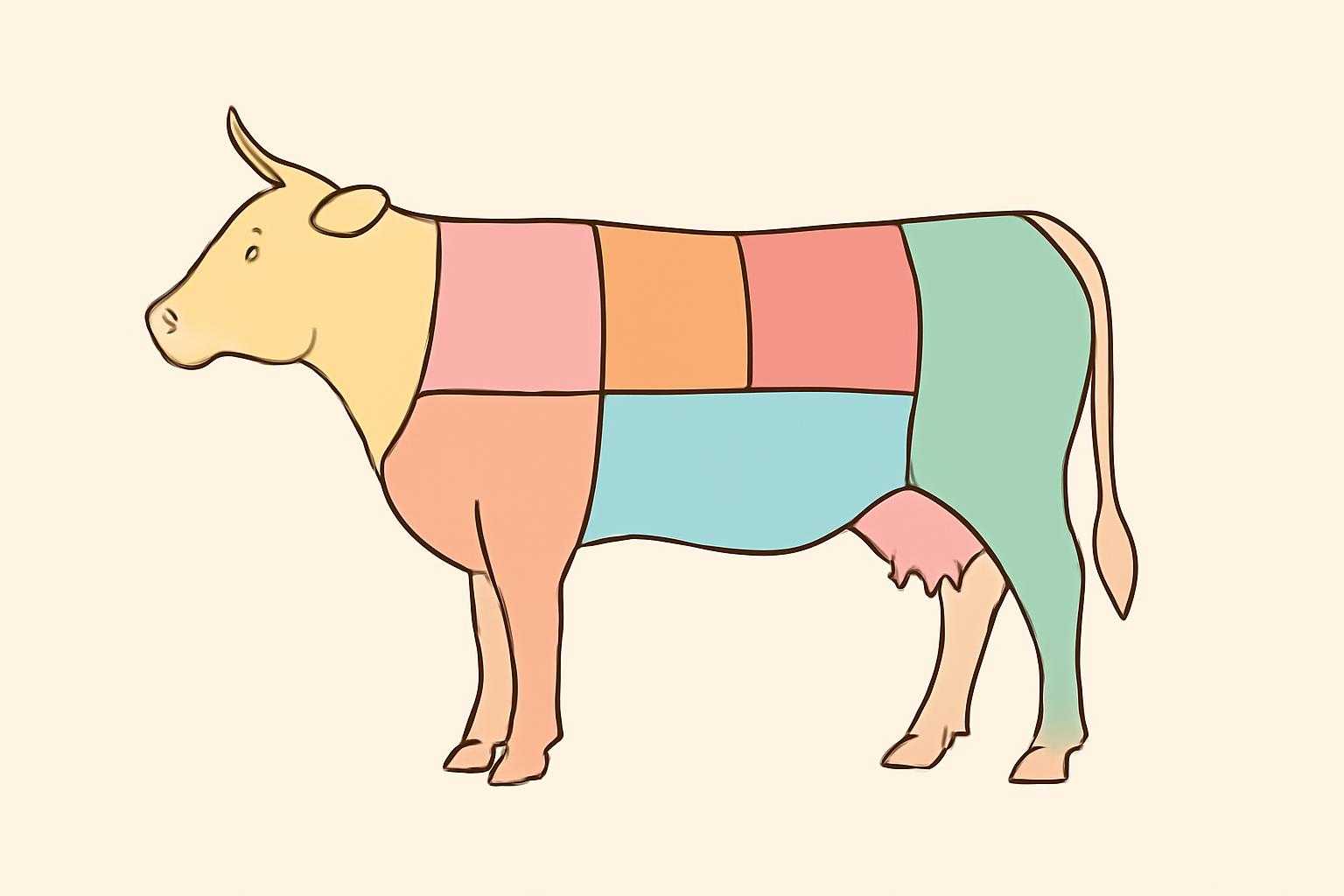 牛の体の異なる部位を色分けして示した解剖図のようなイラスト