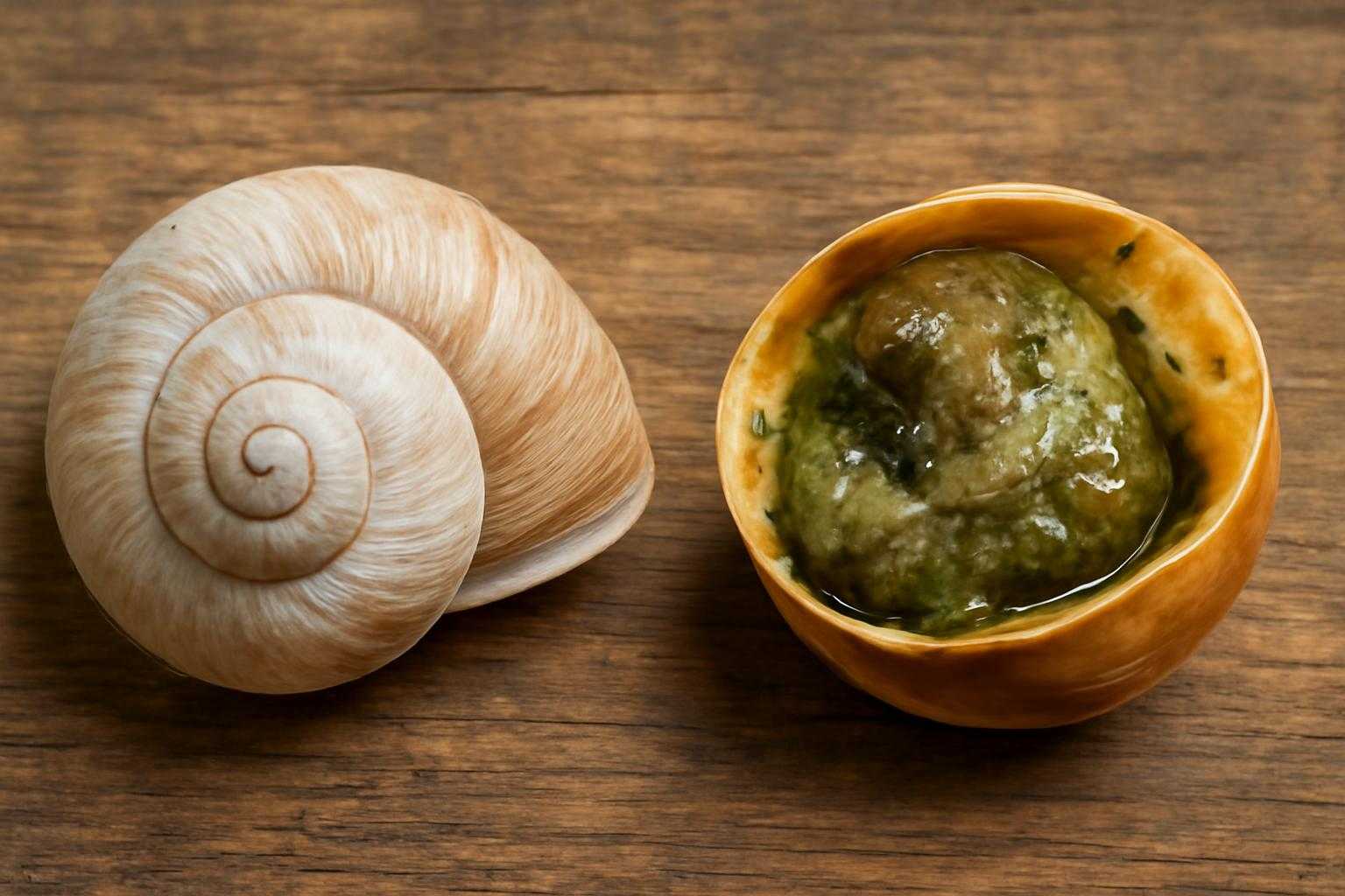 エスカルゴの貝殻と調理された身を並べた比較写真