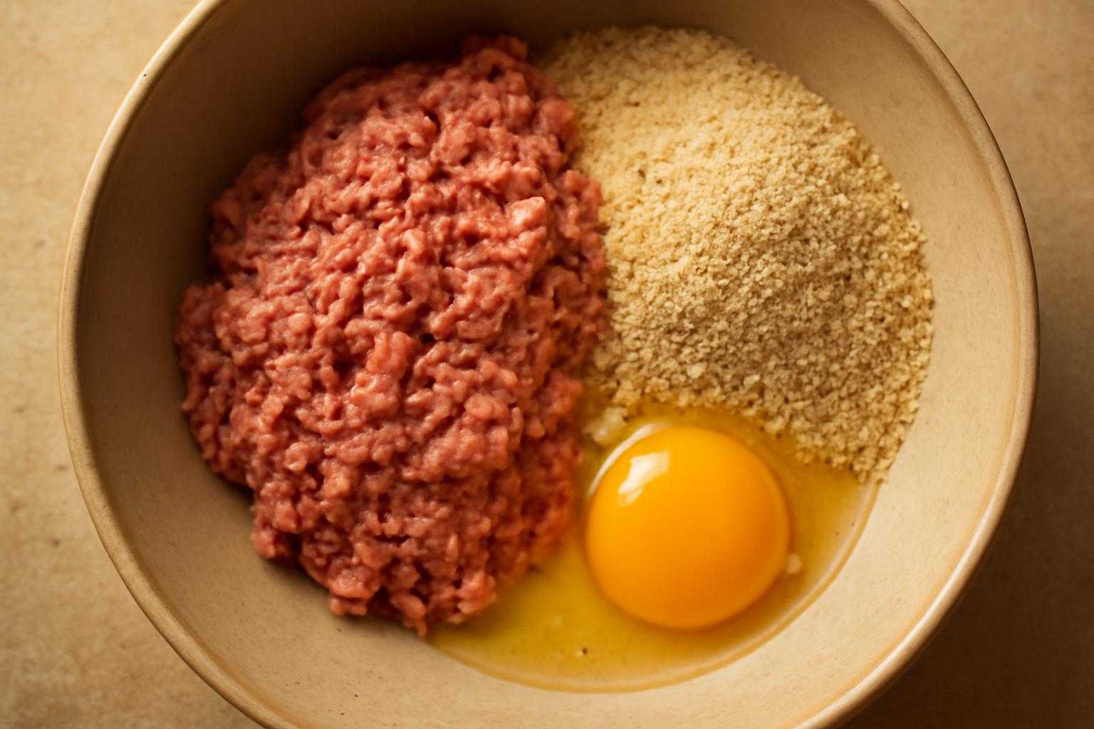 卵、パン粉、肉を混ぜるボウルとハンバーグのたね