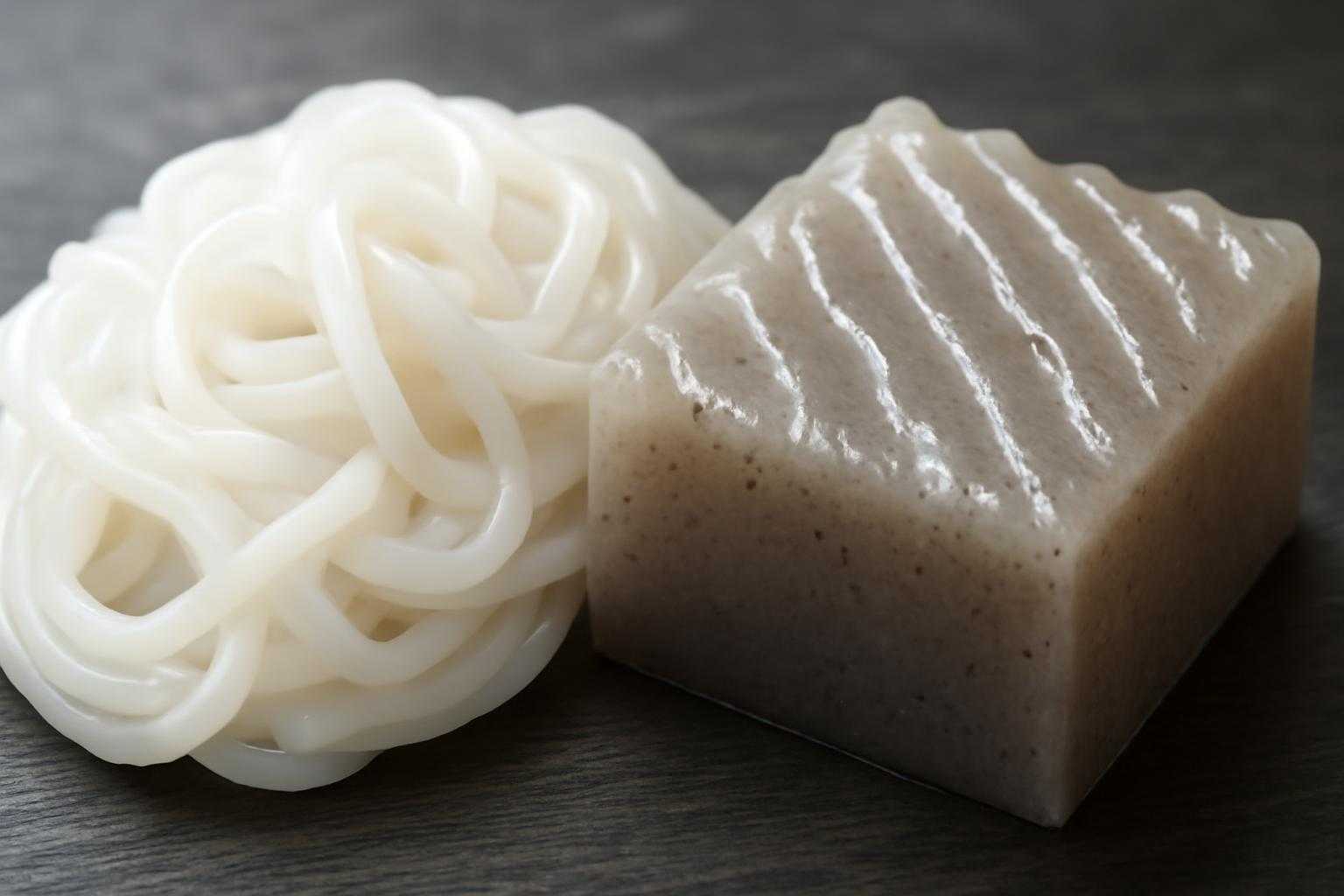 しらたきのつるんとした食感とこんにゃくのぷりぷりとした食感の違いを表現