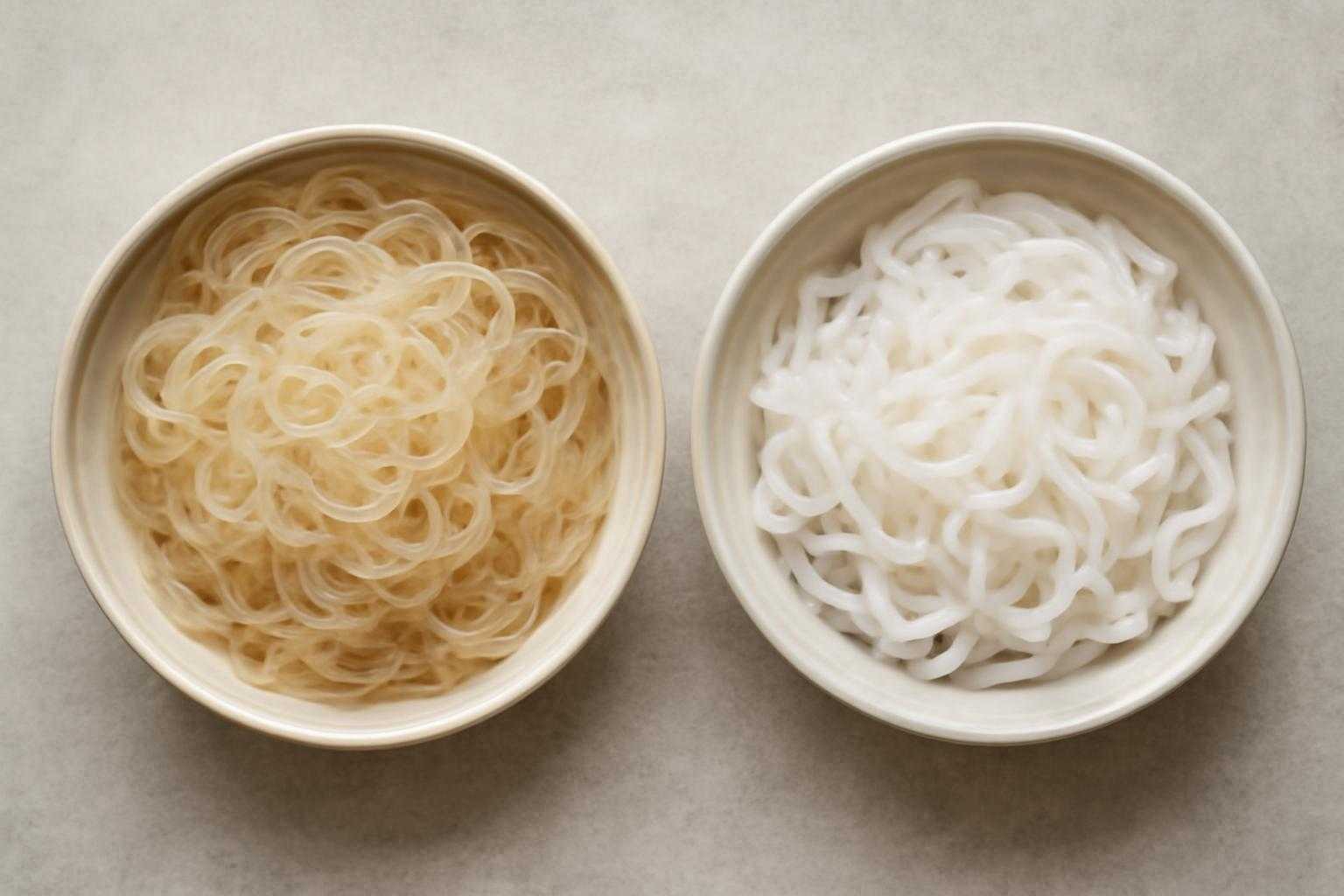 春雨としらたきを調理した時の食感の違いを表現した、つるつるとした食べ物のテクスチャー比較