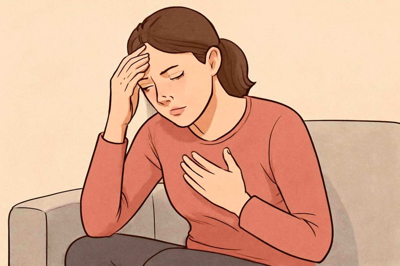 体調不良の女性が頭痛や疲労を感じている様子