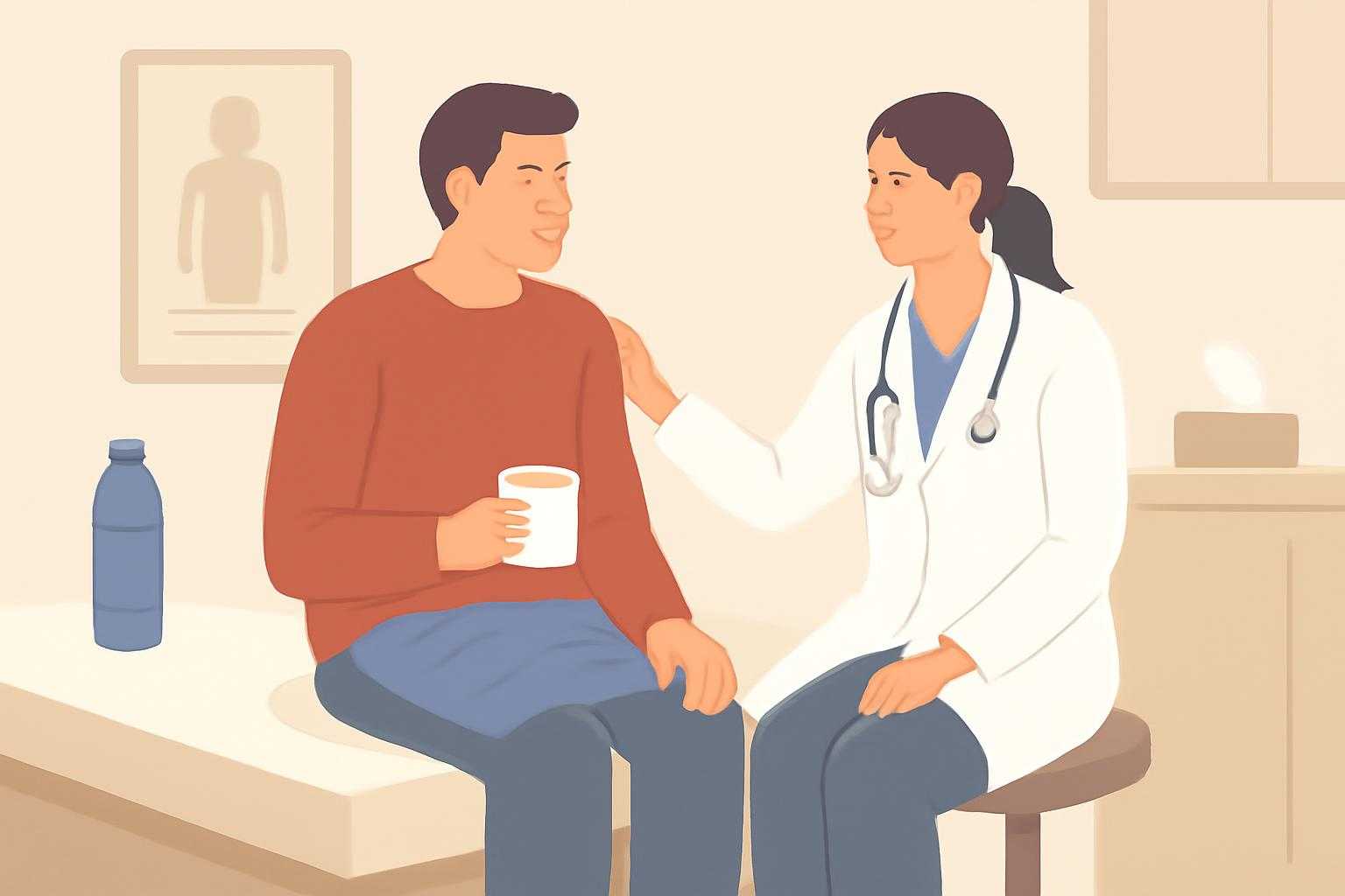 医師の診察を受けている患者と、温かい飲み物やタオルなどの対処法グッズ