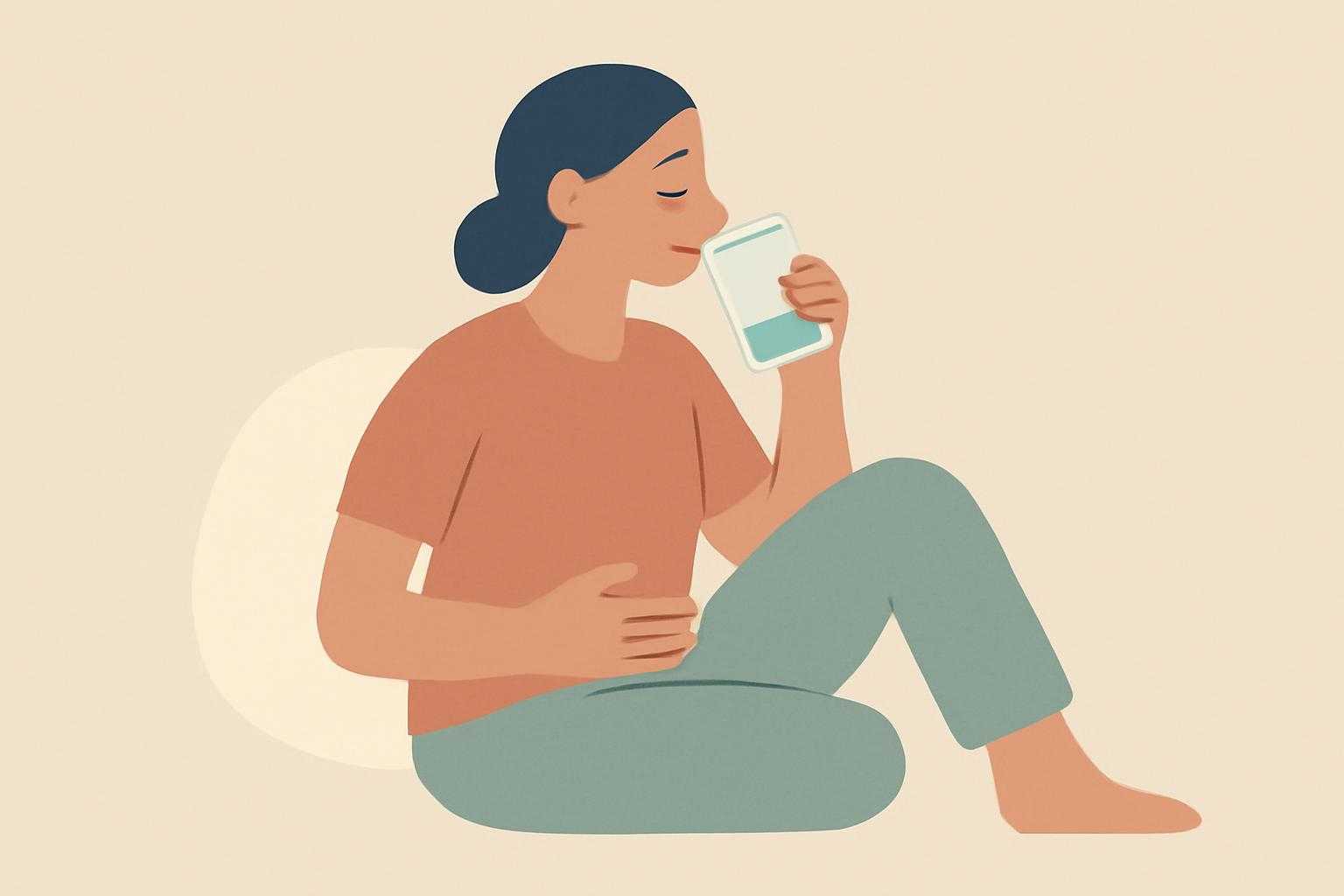 お腹をおさえる人と、水を飲む手、腹痛への対処方法を示すイメージ