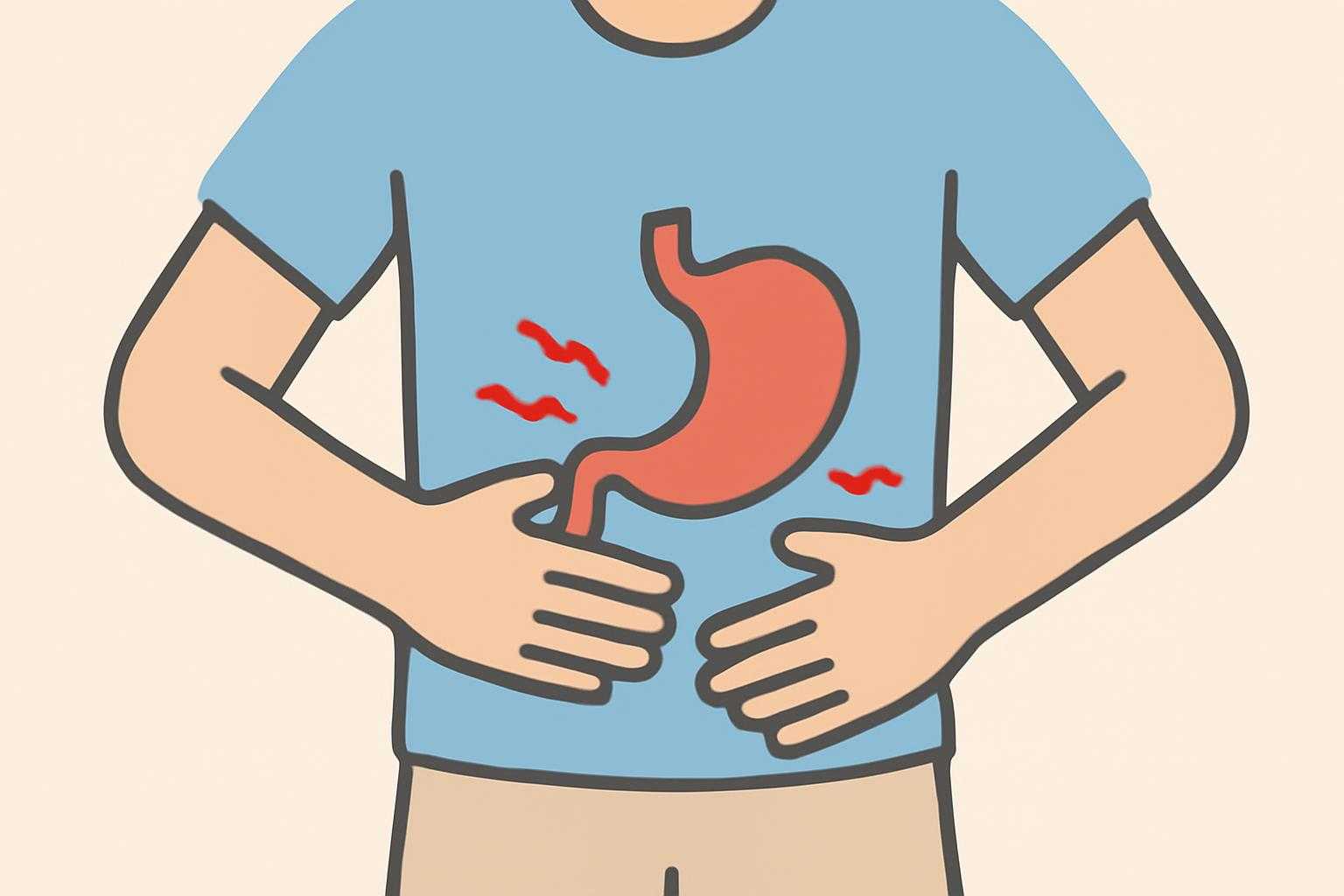 お腹に痛みを感じている人の腹部を示す医学的なイラスト