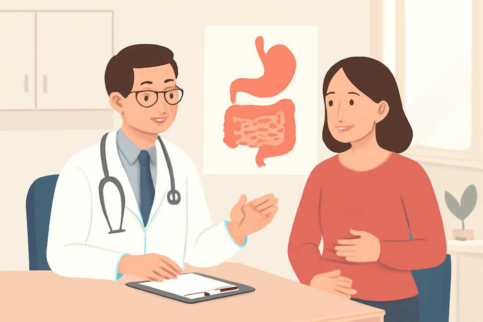 医師の診察を受ける患者の様子を描いたイラスト