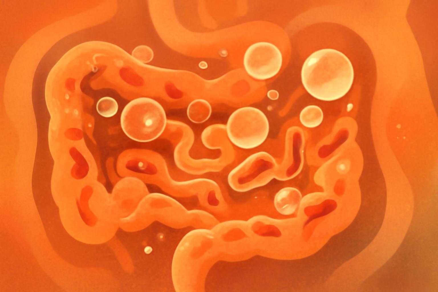 腸内で発生するガスのイメージを表現した、微生物と気泡の関係を示す図解
