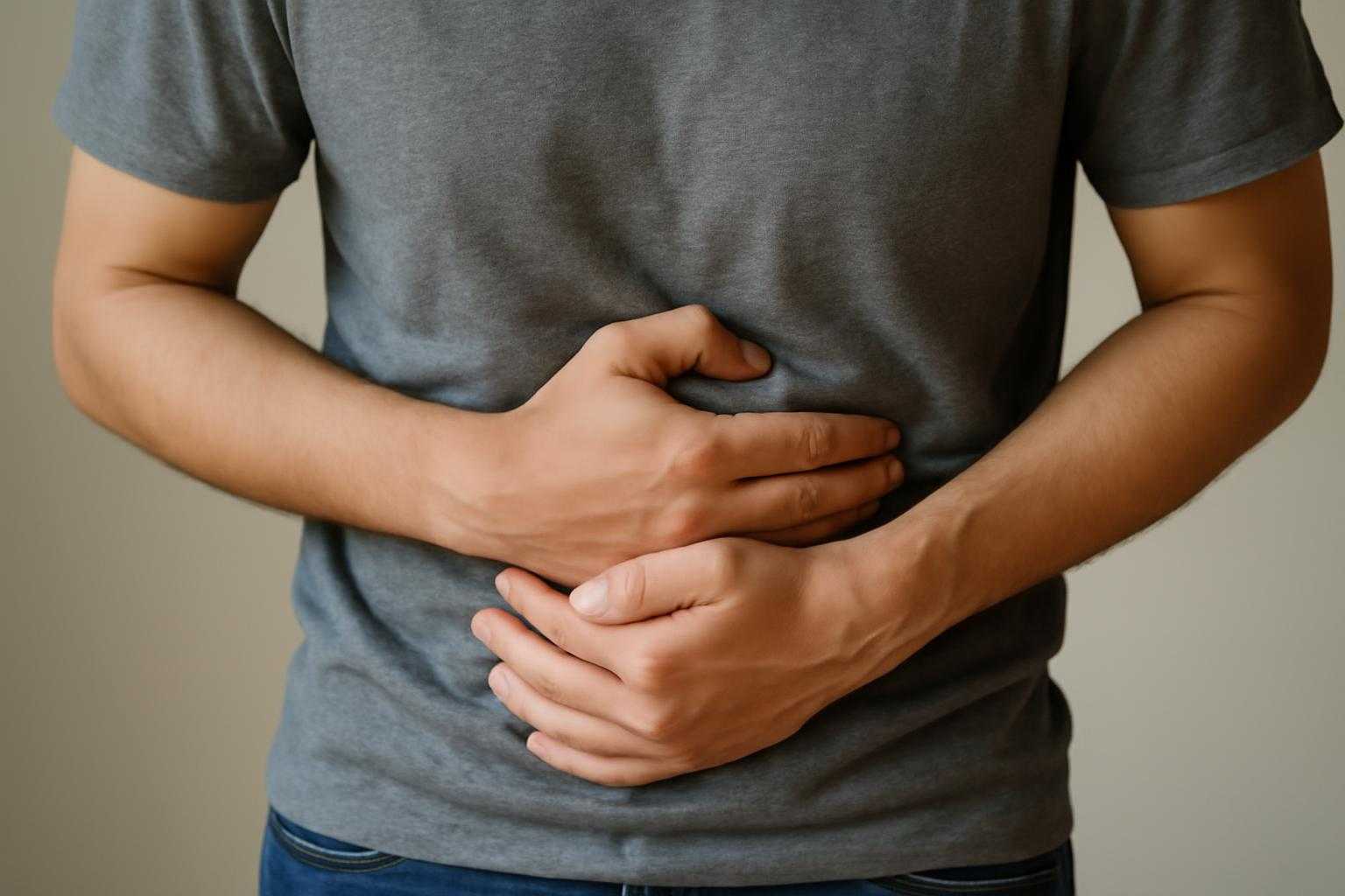 お腹が痛い女性が両手でお腹を押さえている様子