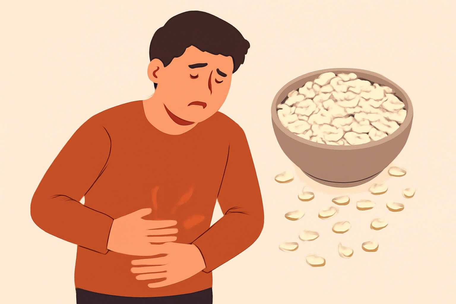 お腹の不調を感じている人が、もち麦の食べすぎによる症状を経験している様子
